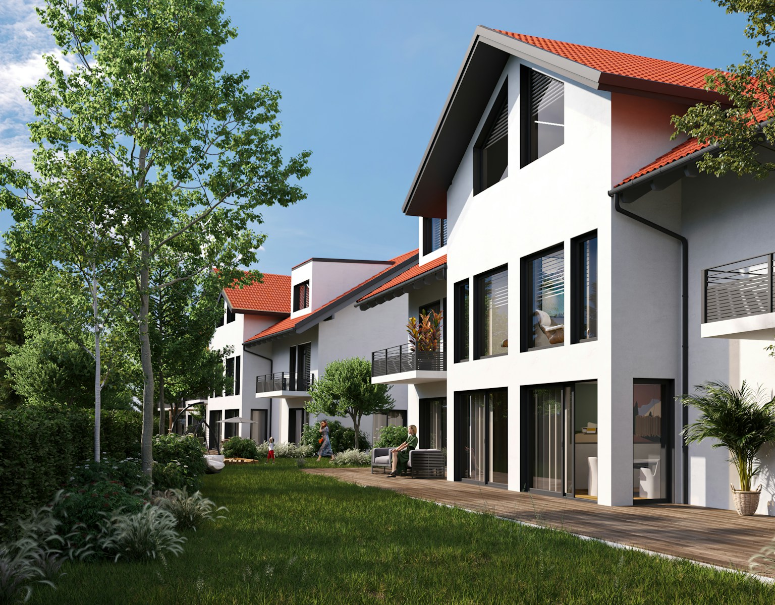 a row of white houses with a red roof, home